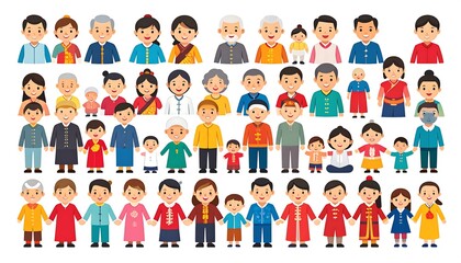 A diverse representation of various generations of Asian families, depicted in colorful traditional clothing, conveying a sense of community and unity.