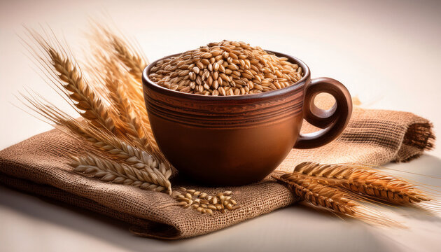 Rustic Cup Filled With Wheat Grains And Ears Placed On A Burlap Napkin
