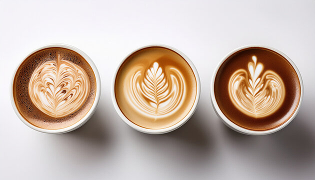 Three Attractive Coffee Cups With Latte Art On White Background - Powered by Adobe
