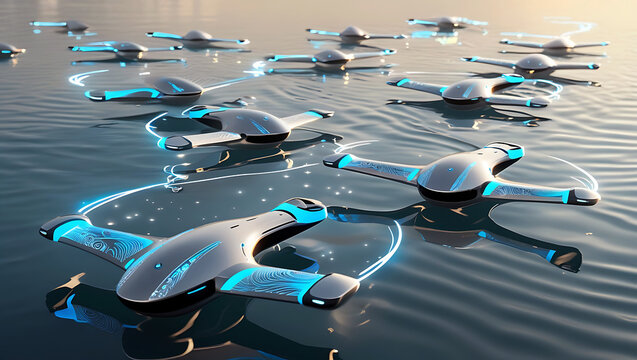 Futuristic drone swarm technology operating on a reflective water surface