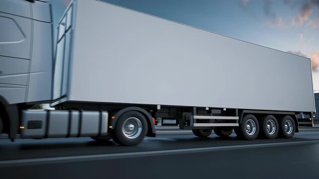 Large white truck driving near an industrial plant at sunset, symbolizing logistics, supply chain, and pharmaceutical distribution