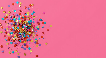 A vibrant pink background with scattered colorful confetti, creating a festive atmosphere.