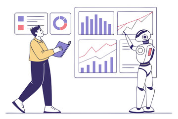 Data analysis set. Collection of characters using artificial intelligence generative tools to analyze, collecting, managing datasets. Analytics concept. Vector illustration.