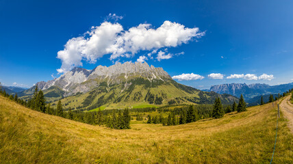 Panorama of Alps mountains on a sunny day. High resolution widescreen panorama of mountain...