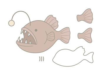 Anglerfish Anatomy Illustration. Isometric vector illustration set Anglerfish anatomy: glowing esca lure, wide jaws, dorsal fin,