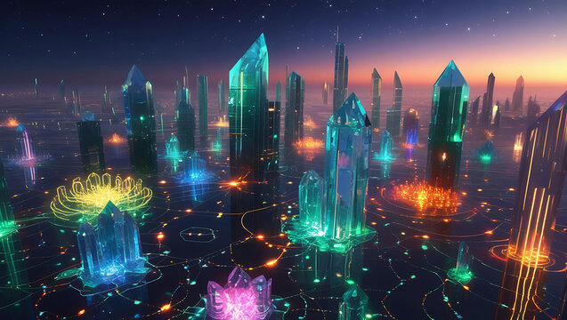 Futuristic city skyline at dusk with glowing crystalline skyscrapers