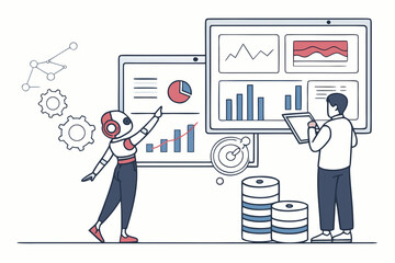 Data analysis set. Collection of characters using artificial intelligence generative tools to analyze, collecting, managing datasets. Analytics concept. Vector illustration.
