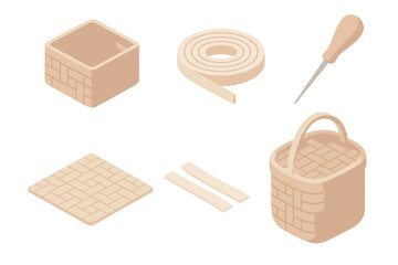 Handcrafted Wickerwork Icons. Isometric vector illustration set Handcrafted wickerwork: basket weave reed handmade, coil of cane,
