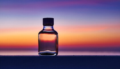 Minimalist Glass Bottle With Sleek Design Stands Against Soft Gradient Dusk Background Reflecting Hues Of Purple And Orange Tranquil Scene Evokes Sense Of Calm And Elegance