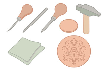 Artisan Engraving Tools. Isometric vector illustration set Artisan engraving kit: coppersmith metal tool etch, burin knife, copper