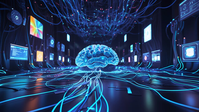 Glowing blue artificial brain in futuristic digital network