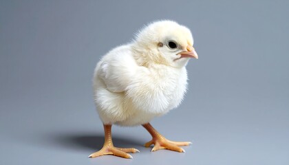 A fluffy, small chick against a plain gray background