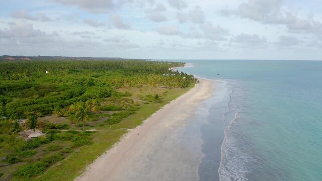 Aerial view of a tropical beach with lush vegetation and turquoise water