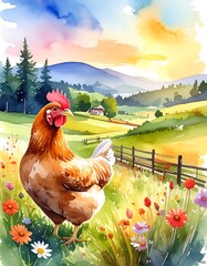 Watercolor hen in a field landscape