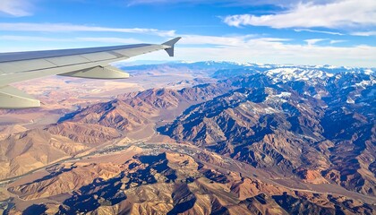 High-altitude view of a mountain range from an airplane