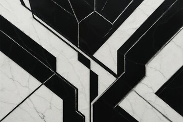 A high-contrast marble texture in pure white and deep graphite black, where the veins form sharp geometric patterns instead of organic lines.
