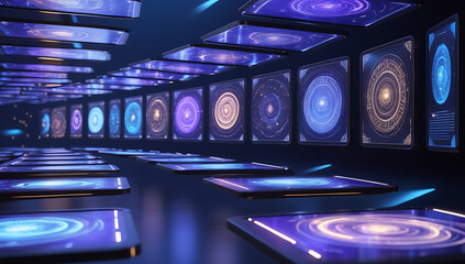 Futuristic digital display screens in a dark corridor with glowing purple and blue patterns