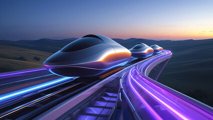 Obraz premium Futuristic high speed train traveling on illuminated tracks at dusk
