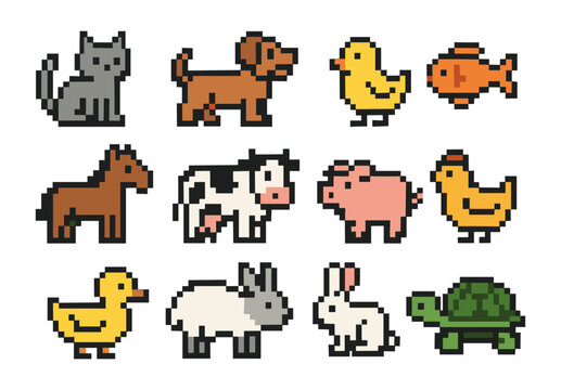 Charming 8-bit farm and pet animals collection for retro game design