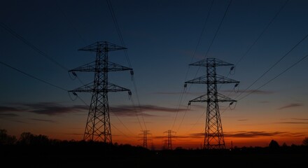 Silhouetted power pylons against a vibrant sunset sky, conveying energy and infrastructure.