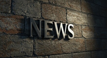 A close-up of the word "NEWS" in metallic letters attached to a textured brick wall.