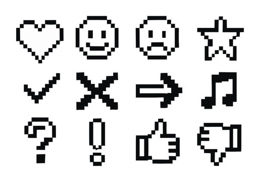 Retro pixel icons set: emoticons, symbols, and signs in black and white