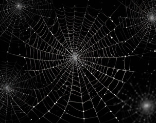 Naklejka premium A close-up, high-angle view of multiple intricate spiderwebs glistening with dew drops against a stark black background.