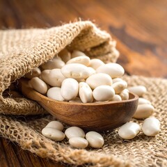 White beans in wooden spoon on burlap