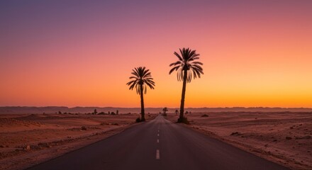 A road stretches through a desert landscape, framed by two palm trees silhouetted against a vibrant sunset sky.