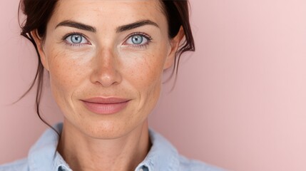 Close-Up Portrait of a Confident Woman with Freckles Against a Soft Pink Background