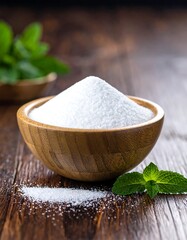 White powder in wooden bowl with fresh mint