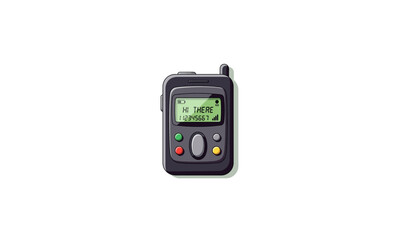 Compact black wireless pager with a pixelated green LCD screen and colorful control buttons.