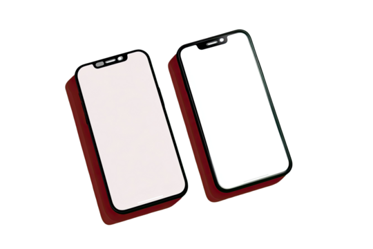 Two stylized smartphones, side-by-side, with blank screens.  Both have a burgundy/maroon colored casing