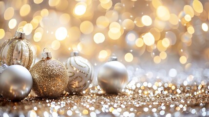 Golden Christmas ornaments with glittering lights create festive mood for holiday decor and celebration