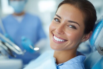 Close-up of a smiling young woman in a dental chair during a checkup, emphasizing her healthy teeth and a professional dentist in the background, promoting dental care.