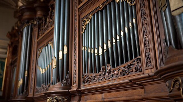 Pipe Organ: A majestic pipe organ stands in all its glory, a testament to time. The photograph captures the intricate details of this musical marvel.
