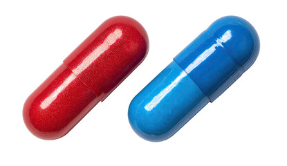 Two capsules, one red, one blue, lie diagonally in front of a black background.  Their smooth surfaces reflect light