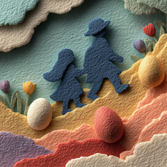 Children walking hand in hand with Easter eggs on colorful hillside  