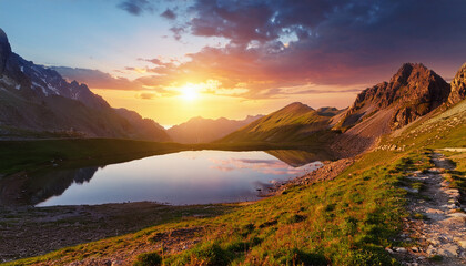 Majestic Mountain Lake Reflecting A Glowing Sunset