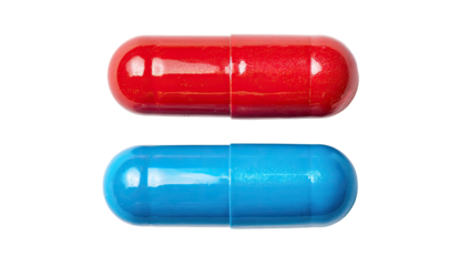 Two vibrant capsules, red and blue, stacked vertically against a black background