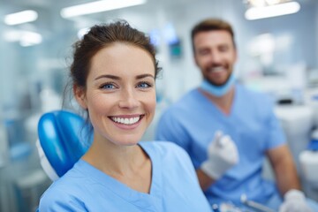 Happy female patient sitting in a dentist chair with bright smile and a male dentist in the background, both wearing light blue scrubs in a modern clinic.