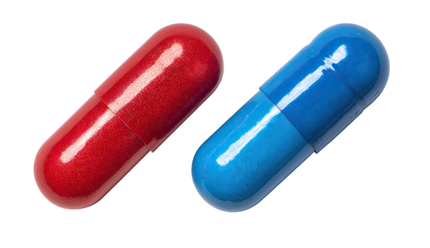 Two capsules, one red, one blue, lie diagonally in front of a black background.  Their smooth surfaces reflect light