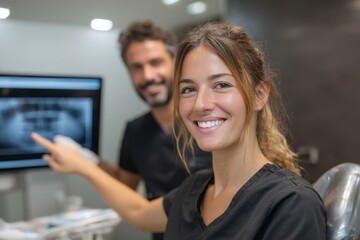 Two smiling dentists are reviewing an X-ray on a monitor in a modern dental clinic. They are analyzing the image together and planning treatment.