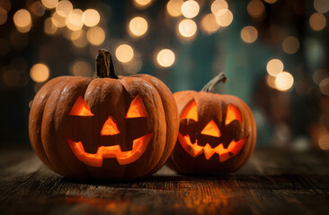 Fototapeta premium Two glowing jack-o'-lanterns on a wooden table with festive bokeh lights in the background.