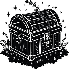 Mysterious treasure chest overflowing with magical plants and sparkling stars