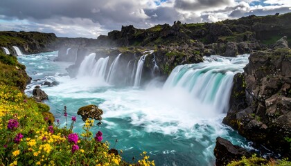 A breathtaking waterfall cascades into a turquoise pool framed by rugged rocks, verdant flora, & stormy skies