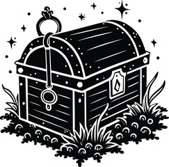 Ornate treasure chest filled with jewels and surrounded by lush foliage