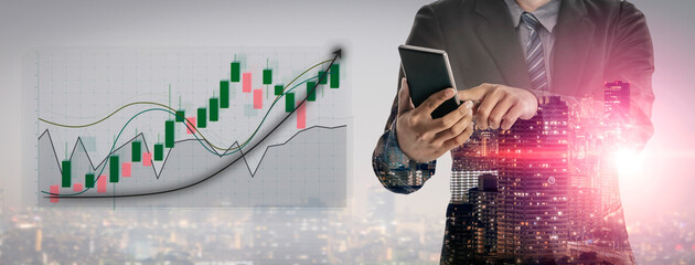 A modern businessman stands with a smartphone, analyzing financial data displayed on an overlay stock chart, set against an urban cityscape backdrop. Impute