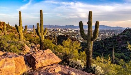 A sprawling desert landscape, showcasing prominent saguaro cacti against a backdrop of a vast city.