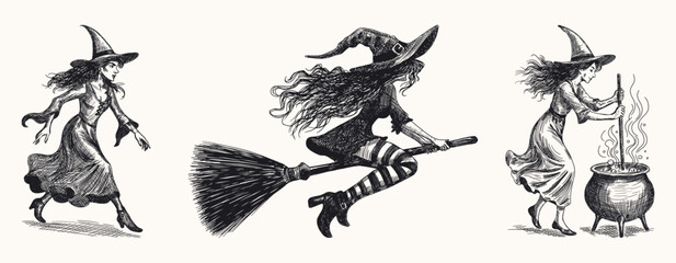 witches in magical scenes set collection hand drawn sketch illustration classic attire pointed hat striped stockings flying on broomstick stirring steaming cauldron line art detailed card design